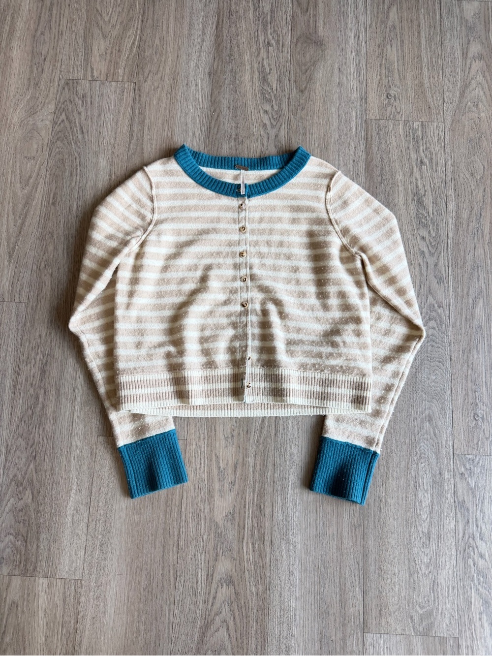 Free People Striped Beige and Cream Button-Front Sweater with Teal Trim - Picture 2 of 4